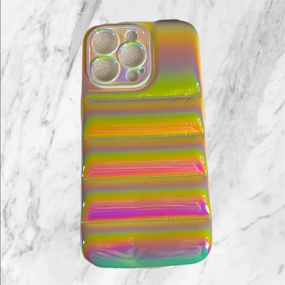 Ivory OFF White iPhone 13 PRO Metallic Ombre Iridescent Pearlized BUBBLE Puffer